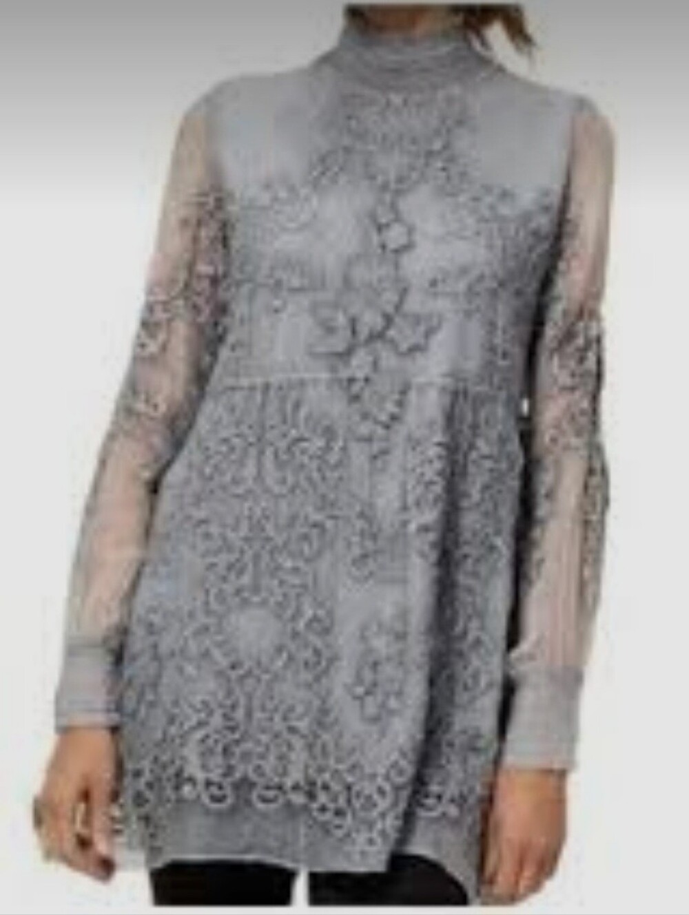 Soft Surroundings Grey Silk Embroidered Sheer Tunic Blouse - Sz L Silk Quiet LUX